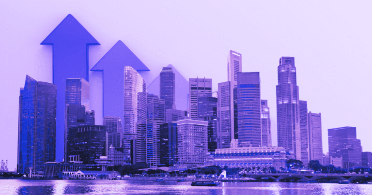 Cityscape with skyscrapers under a purple sky, arrows pointing up over buildings, symbolizing growth. Water in foreground.