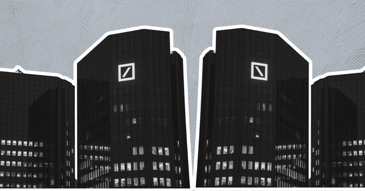 Black and white image of two skyscrapers with logos near the top in a textured gray sky, for a real estate article.