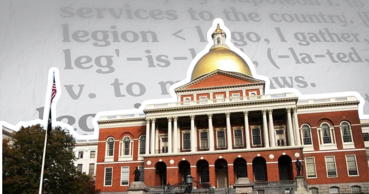 Historic brick building with white columns and gold dome; background has text elements. For real estate article on $5.2B housing bill.