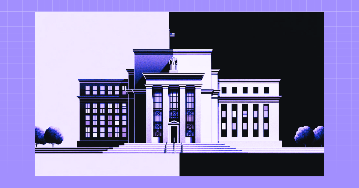 Illustration of a split building, light/dark halves, with columns and trees, on a purple grid. For a real estate article.