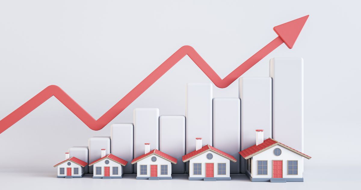 House models with ascending bar graphs and an upward red arrow, showing real estate growth for Kamala Harris's housing plan.