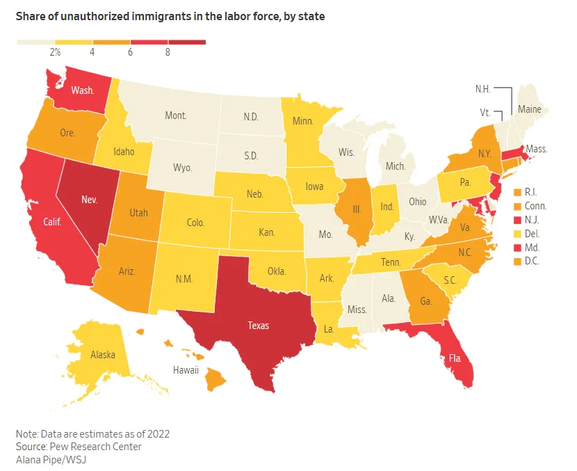 Share of unauthorized immigrants in the labor force, by state